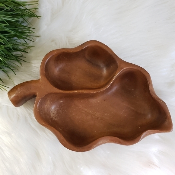 Vintage Monkey Pod Wood MCM boho Leaf Carved Bowl Dish - Picture 13 of 14